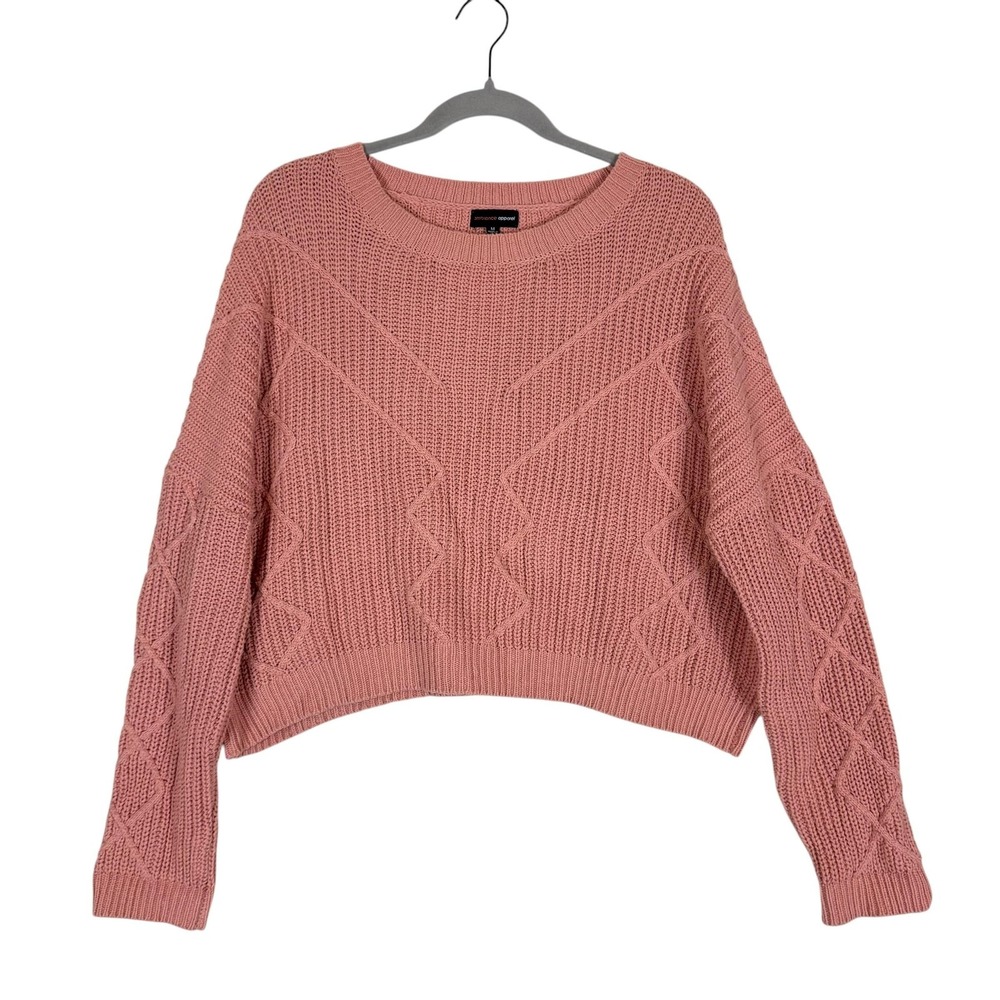 Ambiance Apparel Sweater Womens Medium Pink Chunky Knit Argyle Crew Neck Cropped